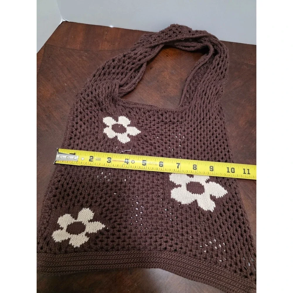 Urban Outfitters Crochet Brown Mesh Shoulder Bag Cream Floral Pattern Size M - Picture 5 of 9